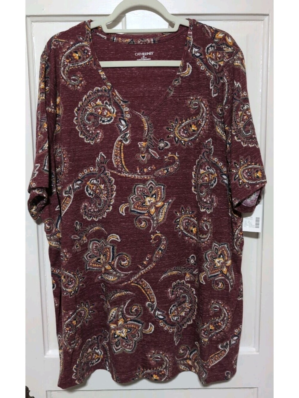 Catherines Burgundy Paisley V-Neck Slub Jersey Top Woman's 2X Deadstock(1480)A